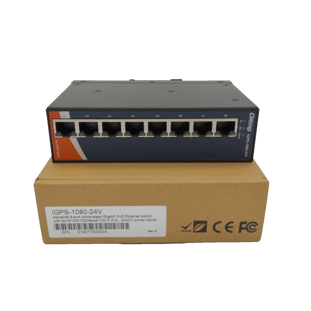 ORING SWITCH Industrial 8-port Unmanaged Gigabit PoE Ethernet Switch IGPS-1080-24V