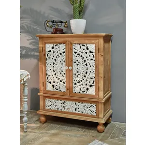 Hot Sale Elegant Rustic Home Furniture Flower Carved Door Solid Wooden Storage Drawer Console Cabinet For Living Room