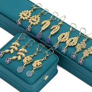 ג'ין שיוקסינג אופנה פרח ודשא אביזרי תכשיטים לערבב ולהתאים כלה בציפוי זהב 24 קראט עגילי יוקרה ארוכים