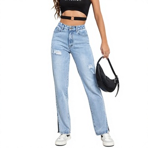 Jeans de Pierna Recta de Cintura Alta Personalizados para Mujer |   Pantalones Vaqueros Tejidos Transpirables con Lavado Enzimático Ecológico |   Vaqueros casuales con abertura lateral - Product Image 1