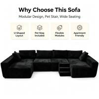Canapé en U avec escalier intégré pour animaux de compagnie, canapé modulaire à profil bas en velours côtelé, compression sous vide pour réduire les frais de transport, vente en gros