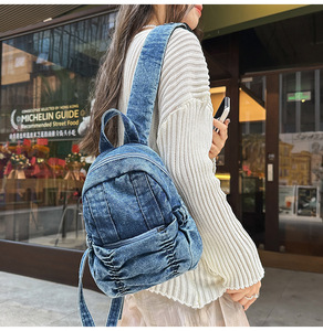 Venta caliente estilo universitario elegante viaje mochila ocio duradero plicado lavado envejecido Denim Mini mochila diaria - Product Image 5