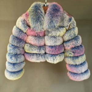 แจ็กเก็ตสั้นขนสุนัขจิ้งจอก100% ขนเฟอร์ขนยาวจริงเสื้อผ้าขนสัตว์อบอุ่นแบบมีซิปพิเศษสีฟ้าผสมพิเศษ - Product Image 1