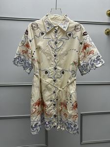 Robe Courte Femme Style Français Taille Naturelle Silhouette Évasée 100% Coton Col Rabattu Broderie Lourde Boutonnage Simple - Product Image 5