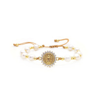 Bracelet tressé perlé KKBEAD pour femme avec breloque médaille en strass, cordon réglable, style vintage élégant, idéal pour le quotidien et les fêtes, bijou de mode