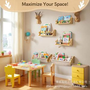 Solid Wood <b>Wall</b> <b>Mounted</b> <b>Shelf</b> For Children's Room Book Storage Rectangle Shape Durable Multipurpose Furniture - Product Image 2