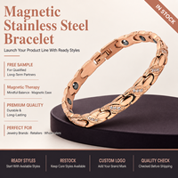 Bracelet magnétique en acier inoxydable or rose avec incrustations de pierres noires à ions négatifs, bijoux fantaisie à maillons de poisson, vente en gros