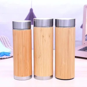 Großhandel doppelwandige natürliche Bambus Kaffeetasse Edelstahl Wasser flasche mit Teekanne