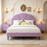 Lit plateforme rembourré en velours violet clair avec tête de lit incurvée en forme d'éventail, taille double, pour chambre de fille