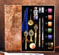 Ensemble de stylos plume en bois et verre incrustés de pierres précieuses de style rétro européen, 6 couleurs d'encre avec sceau de cire, ouvre-lettre, cadeau pour filles