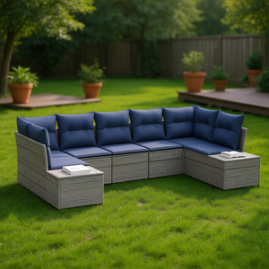 Grey Poly Rattan Garden <b>Sofa</b> <b>Set</b> With Cushions Outdoor Furniture Contemporary Design - Product Image 2