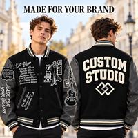 Blouson Bomber Varsity Noir Personnalisé pour Hommes, Thème Musical, Patchs Appliqués en Chenille, Manches en Cuir pour Marques Européennes de Vêtements Masculins