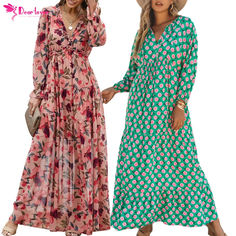 Dear-Lover American Clothing Bulk Wholesale Women Tiered Pleat Elegant Floral Printing Casual Boho Long Sleeve Maxi Dress Ladies