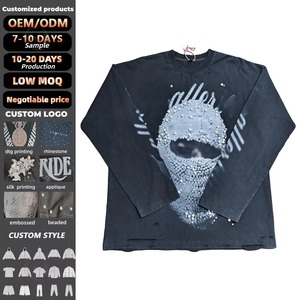Camisetas de Manga Larga <span class=keywords><strong>Negras</strong></span> para Hombre con Cuentas, Estampado DTG Personalizado con Efecto Salado, Diseño Retro, Peso Pesado, Desgastado y con Rasgaduras - Product Image 1