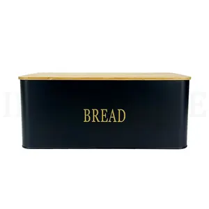 Black Vintage Kitchen Decor Organizer Metal Bread Box with Bamboo Cutting Board Lid, Bread Storage Container for Kitchen Counter