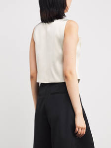 Chaqueta Corta Elegante para Mujer, Estilo Heredera, Holgada, Transpirable, con Lazo, Sin Mangas, Cuello Redondo, Satén, Color Sólido, Asimétrica - Product Image 4