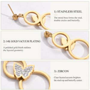 Boucles d'oreilles pendantes double cercle papillon en acier inoxydable plaqué or 14 carats sous vide avec zircon, 31 mm, bijoux - Product Image 2