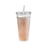 Gelas Embossed dengan Tutup Kaca dan Sedotan Motif Sisik Ikan, Cangkir Kopi Dingin, Gelas Minum Reusable untuk Minuman Dingin