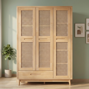 Modern Wooden <b>Wardrobe</b> With Cane Panel Doors Hinged Freestanding Bedroom Storage Cabinet Scandinavian Design - Product Image 4
