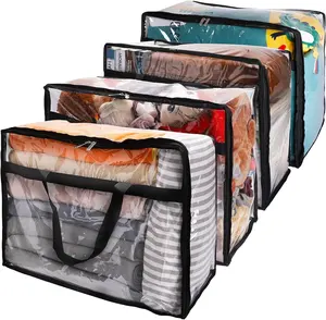 Clear Zippered Storage Bag Plastic Vinyl Moving Bag with Zipper Reinforced Handle for Blanket Clothes Comforter Bedding