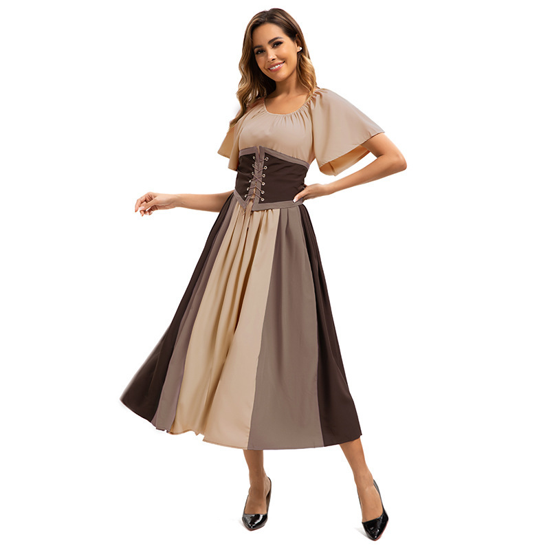 0819 Brown Dress with Waist Belt and Ribbon