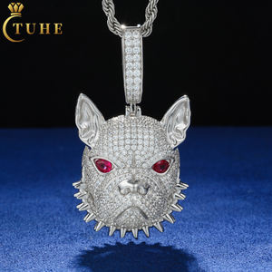 Rappeur Hommes Bijoux Pierre Précieuse Plaqué Or 925 Argent Sterling VVS Moissanite Rouge Zircon Yeux Hip Hop 3D Bouledogue Français Pendentif - Product Image 1