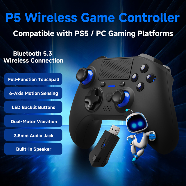 Wireless  gaming controller for PS5/PC with six-axis motion and vibration support, compatible with all PS5 games NEW