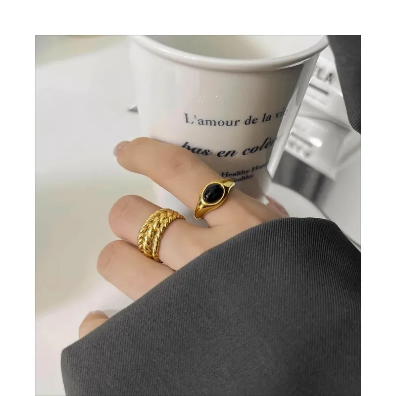 Statement Stainless Steel Jewelry 18K Gold Plated Female Onyx Stone Thick Wide Band Stacking Gold Rings for Women
