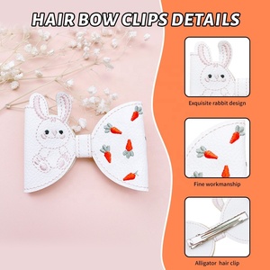 Pinza para el pelo de niña con diseño de conejo de Pascua y zanahoria bordada, lazo hecho a mano y punta de pico de pato de cuero PU - Product Image 3