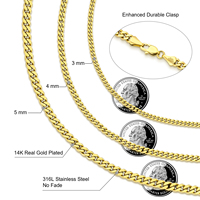 KRKC Vente en Gros Chaîne Homme en Acier Inoxydable Plaqué Or 14k Maillons Cubains Miami, Fermoir Mousqueton, Épaisseurs 3mm 4mm 5mm 6mm 8mm