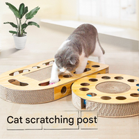 Jouet interactif pour chat : Griffoir en carton avec cadre en bois et balles sur rail à ressort pour petits animaux