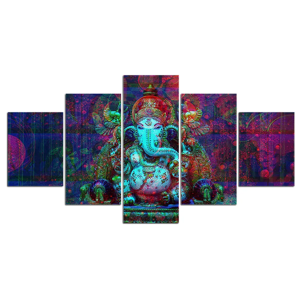 Soggiorno decorazioni murali 5 pannelli Wall Art Lord Ganesha poster e stampe dei indù Golden Ganesha lord shiva dipinti su tela