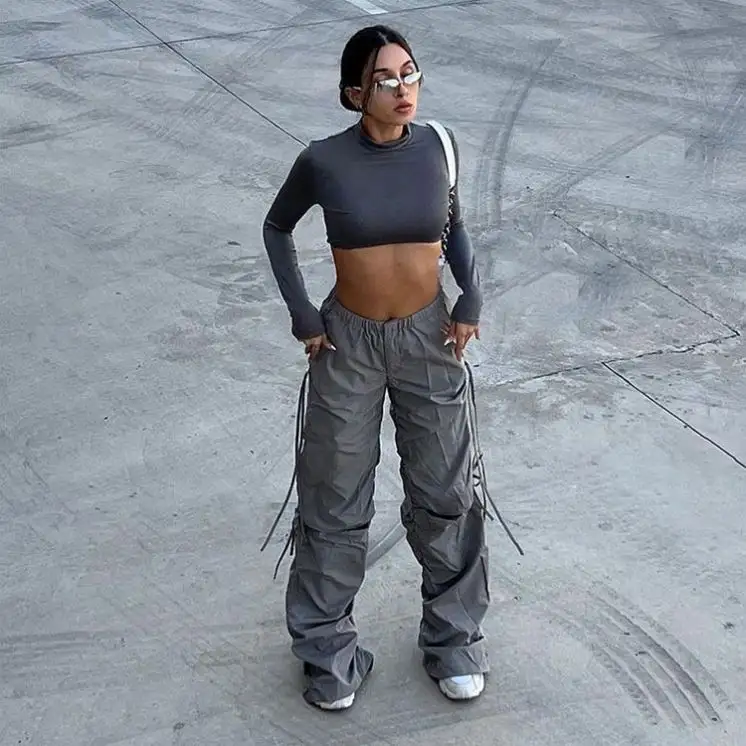 Hip Hop Casual Streetwear Parachute Sweatpants Women Cut Out Drawstring Tassels Solid Loose Trousers Cargo Pants