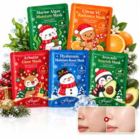 Lot de masques faciaux hydratants en gros à marque privée, motifs de Noël, enrichis en acide hyaluronique, vitamine C, arbutine, avocat et algues