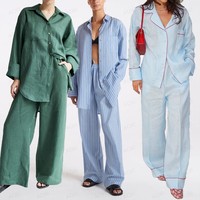 Fournisseur de vêtements de marque OEM, ensemble deux pièces personnalisé, couleur unie, coton et lin, chemise et pantalon pour femmes, ensemble grande taille pour femmes