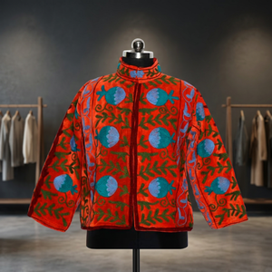 Handcrafted 100% Cotton Suzani Embroidery <b>Velvet</b> Jacket Floral Pattern Winter <b>Coat</b> Wool Breathable Button Printed Techniques - Product Image 3