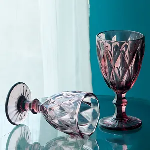 Wholesale Hot Sale 300ml All-purpose Pressed Pattern Colored Vintage Red Wine Glass Wedding Goblet for Party Hotel Restaurant