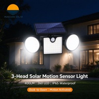 Lampe solaire murale pour patio et jardin, ronde, 3 têtes, 400LM, 260 LED, capteur PIR, contrôle de la lumière, micro-lumière, IP65, étanche, ABS, montage mural