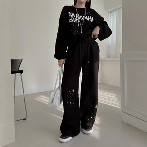 Conjunto de 2 Piezas Otoño Invierno 2026, Elegante y Vintage para <span class=keywords><strong>Mujer</strong></span>, Top con Estampado de Letras y Pantalones Casuales de Cintura Alta con Cordón Ajustable - Product Image 3