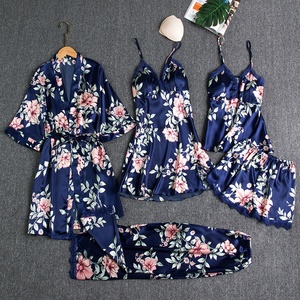 WINGTU-Conjunto de pijama liso con estampado personalizado para mujer, ropa de dormir de seda satinada <span class=keywords><strong>sexy</strong></span>, 5 uds. - Product Image 5