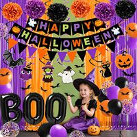 Décorations de fête d'Halloween, ensemble de décorations d'Halloween avec bannière, autocollants, guirlande suspendue, rideaux à franges, ballons BOO