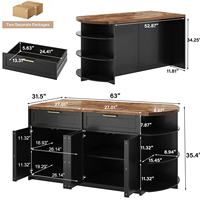 Meuble de cuisine rustique en noyer avec tiroirs de rangement, étagères ouvertes courbées, portes d'armoire noires, buffet autoportant