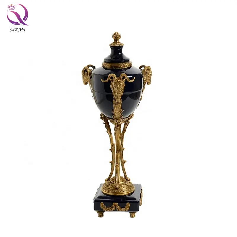 American antique porcelain altar sapphire ceramic with brass luxury home decoration