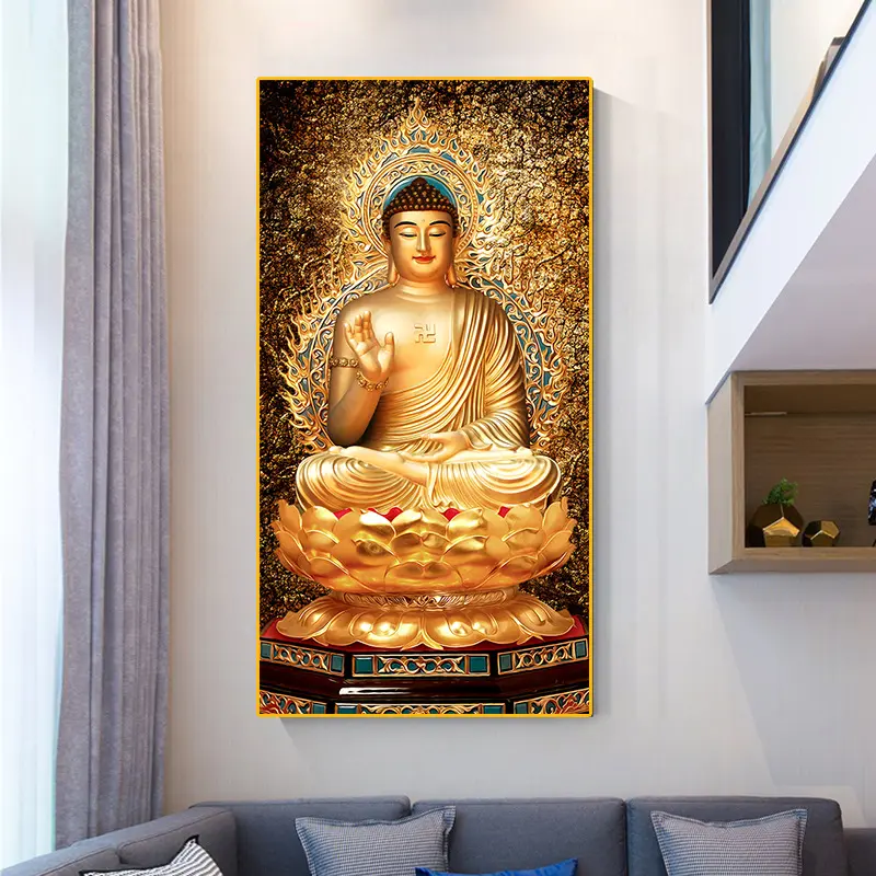 Poster religius lukisan seni kanvas Buddha emas gambar seni dinding Modern untuk dekorasi rumah ruang tamu