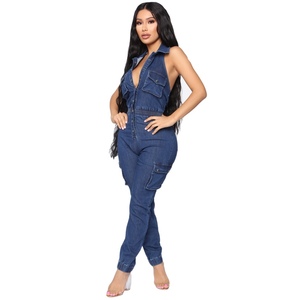 Combinaison décontractée à une épaule pour femme, pantalon droit extensible avec trous, jeans skinny bleu, vente chaude OEM - Product Image 3