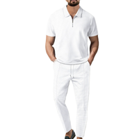 Ensemble de pantalon et t-shirt décontracté deux pièces pour homme, couleur unie, manches courtes, avec fermeture éclair et revers, haute qualité, mode estivale