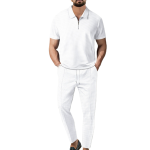 High Quality Summer Fashion Men's Solid Color Short Sleeved Pants Set with Lapel Zipper Casual Versatile Two-Piece <strong>T</strong>-<strong>Shirt</strong> Set - Product Image 4