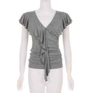 Blusa Plisada de Estilo Casual Coreano con Mangas con Volantes y Cuello en V para Mujer, Blusa Retro de Moda, Camiseta Informal - Product Image 6