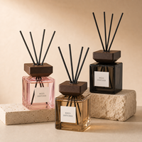 Diffuseur de parfum carré en verre Hailandi sans alcool, longue durée, sans flamme, aromathérapie, avec bouchon en bois et bâtonnets en rotin pour la maison et l'hôtel