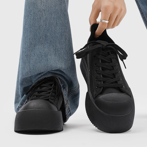 Chaussures de sport décontractées noires à semelle épaisse rehaussante, polyvalentes, en cuir, basses, résistantes à l'usure pour hommes - Product Image 2